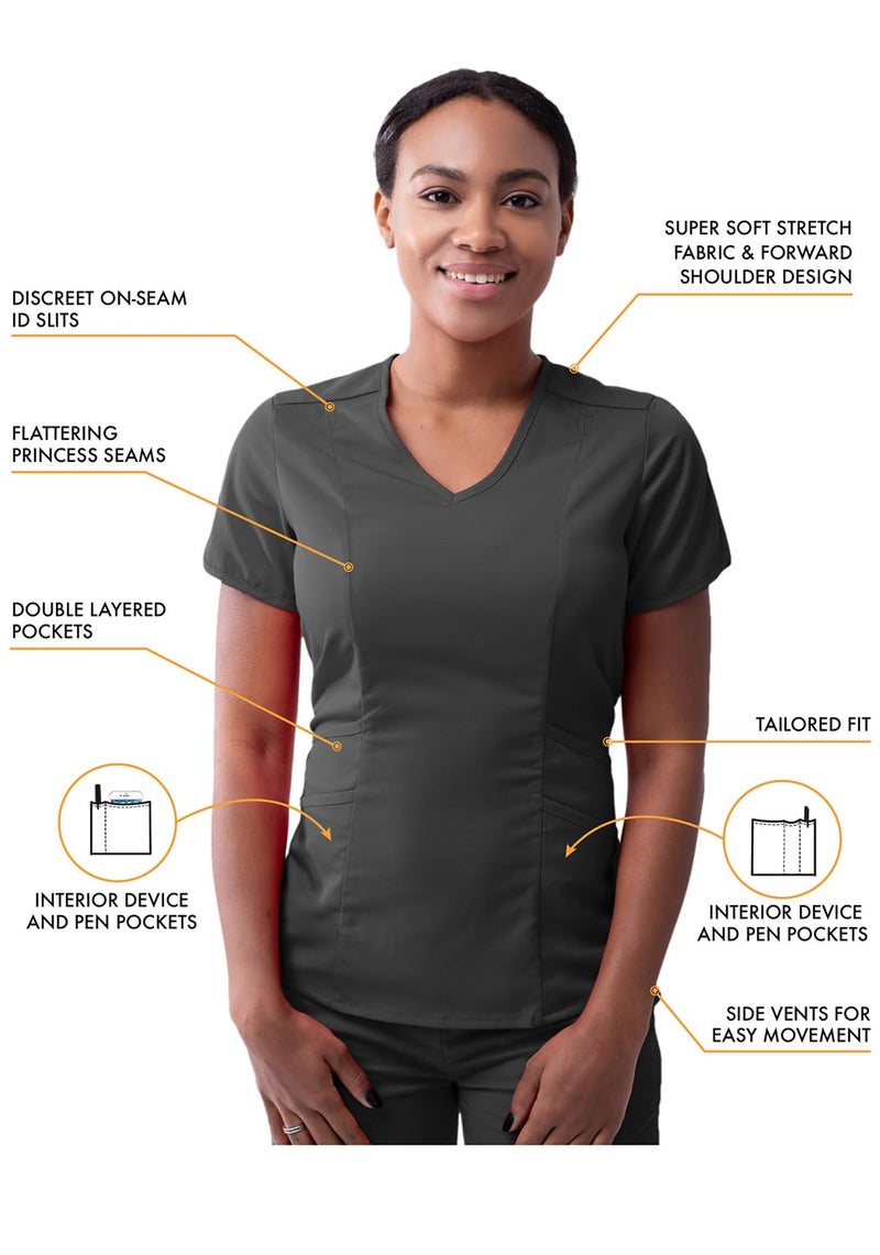 Adar Uniforms Adar Pro Athletic Scrubs Set For Women - Stretch V-Neck Scrub Top & Yoga Jogger Cargo Scrub Pants, 10 Pockets - P9500 - Pewter - M - Image 3